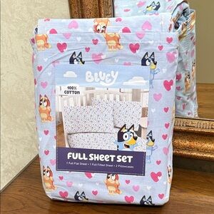 Bluey Full Sheet Set - Bluey characters with Pink Hearts. 100% Cotton.